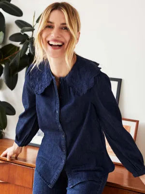 Asterope Organic Cotton Chambray Embroidered Shirt - Dark Indigo Blue