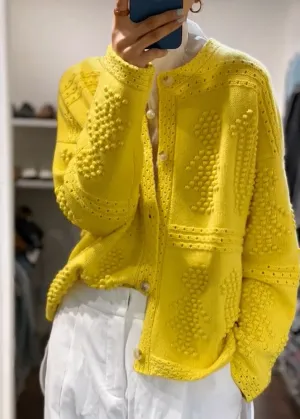 Beautiful Yellow O Neck Button Knit Sweaters Coat Fall WE014