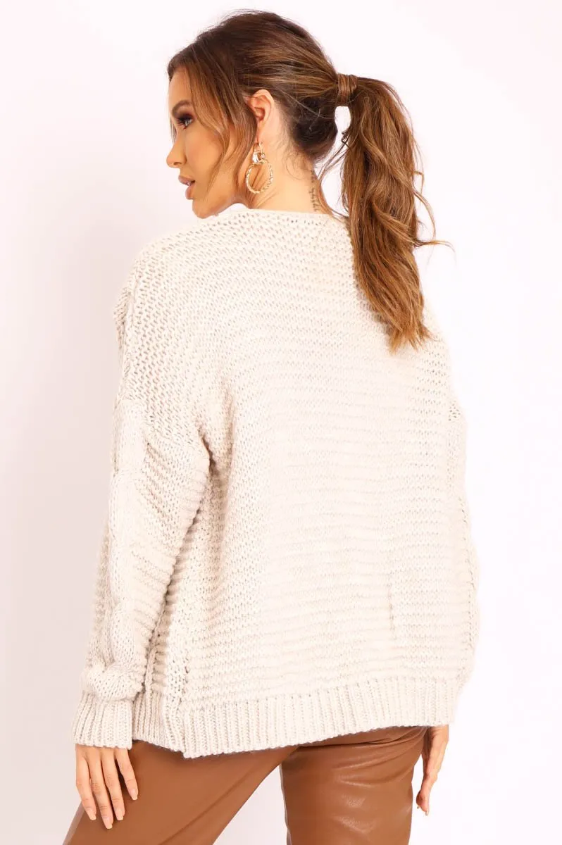 Beige Chunky Knit Cable Pattern Cardigan - Luna