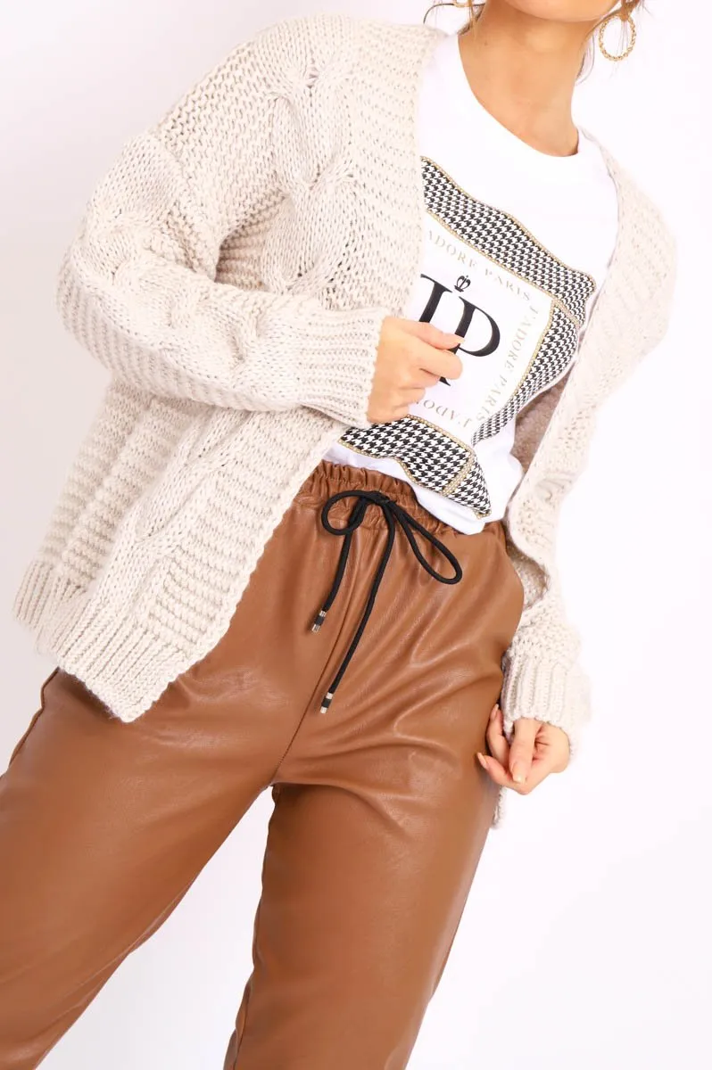 Beige Chunky Knit Cable Pattern Cardigan - Luna