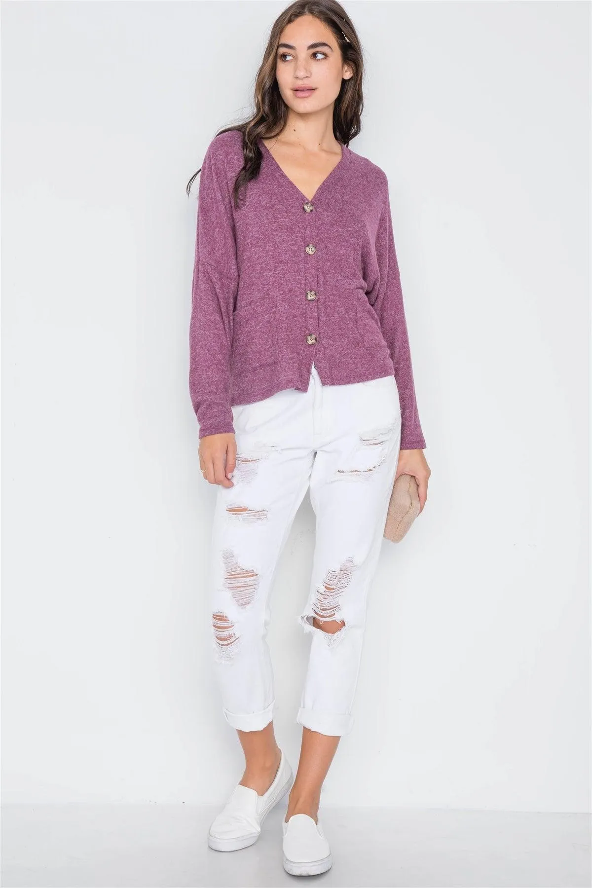 Berry Long Sleeve Knit Button-Front Combo Cardigan /2-2-2