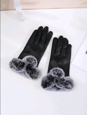 Black Fur Lined Faux Leather Gloves