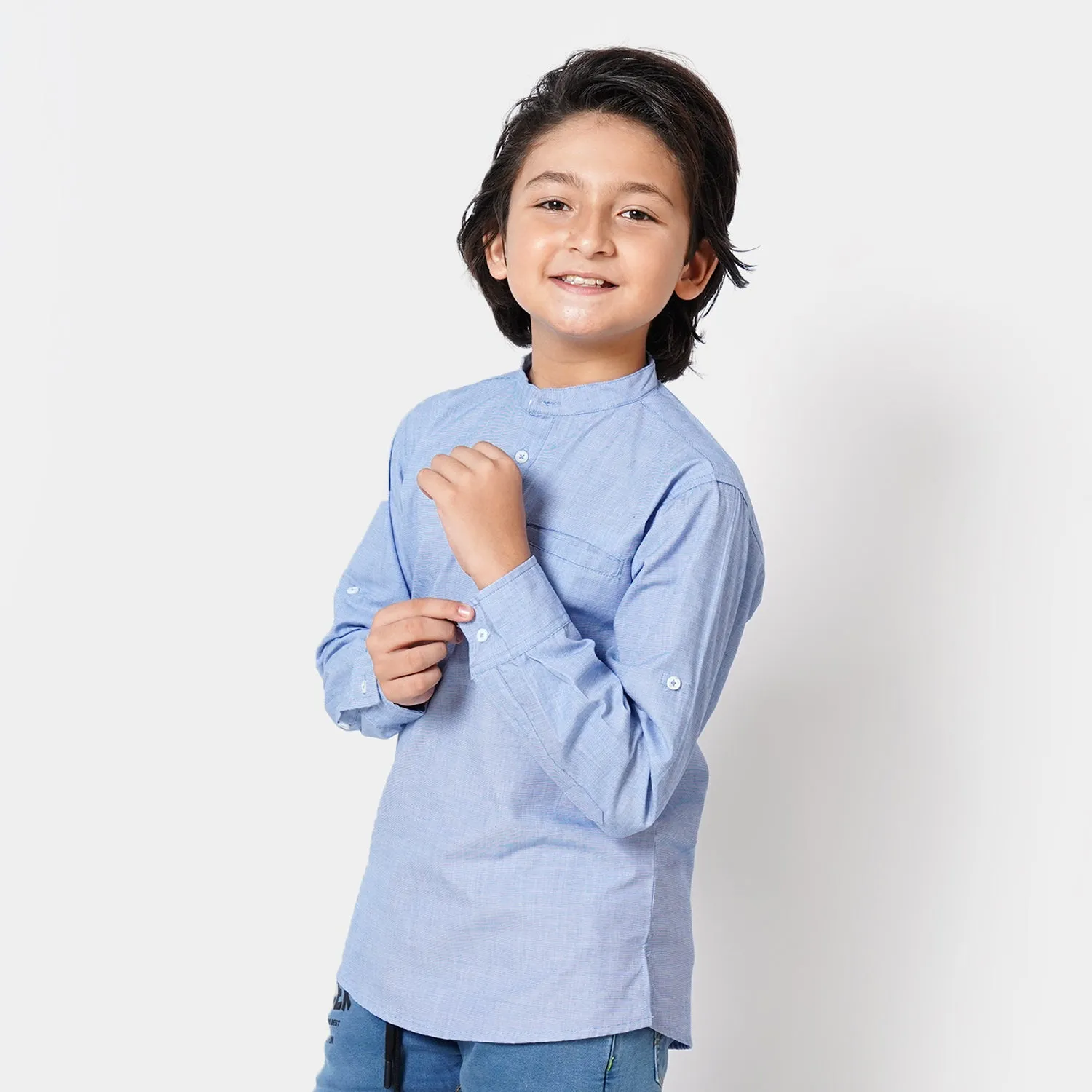 Boys Chambray Casual Shirt Stripe Tunic - L.Blue