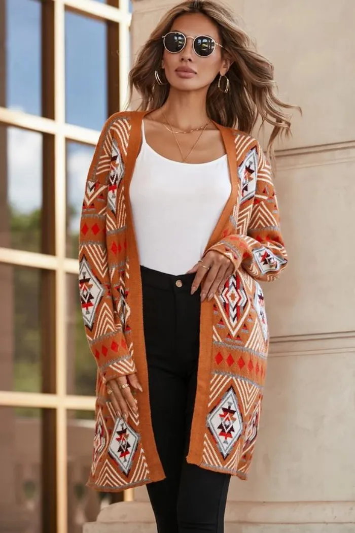 Brown Aztec Geometric Knit Open Front Cardigan