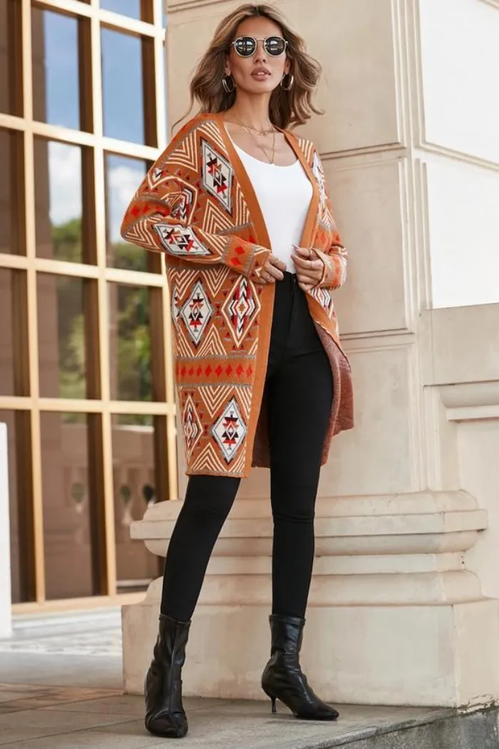 Brown Aztec Geometric Knit Open Front Cardigan