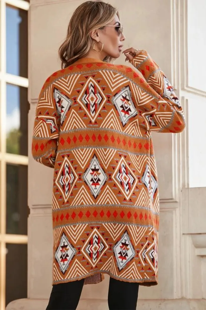 Brown Aztec Geometric Knit Open Front Cardigan