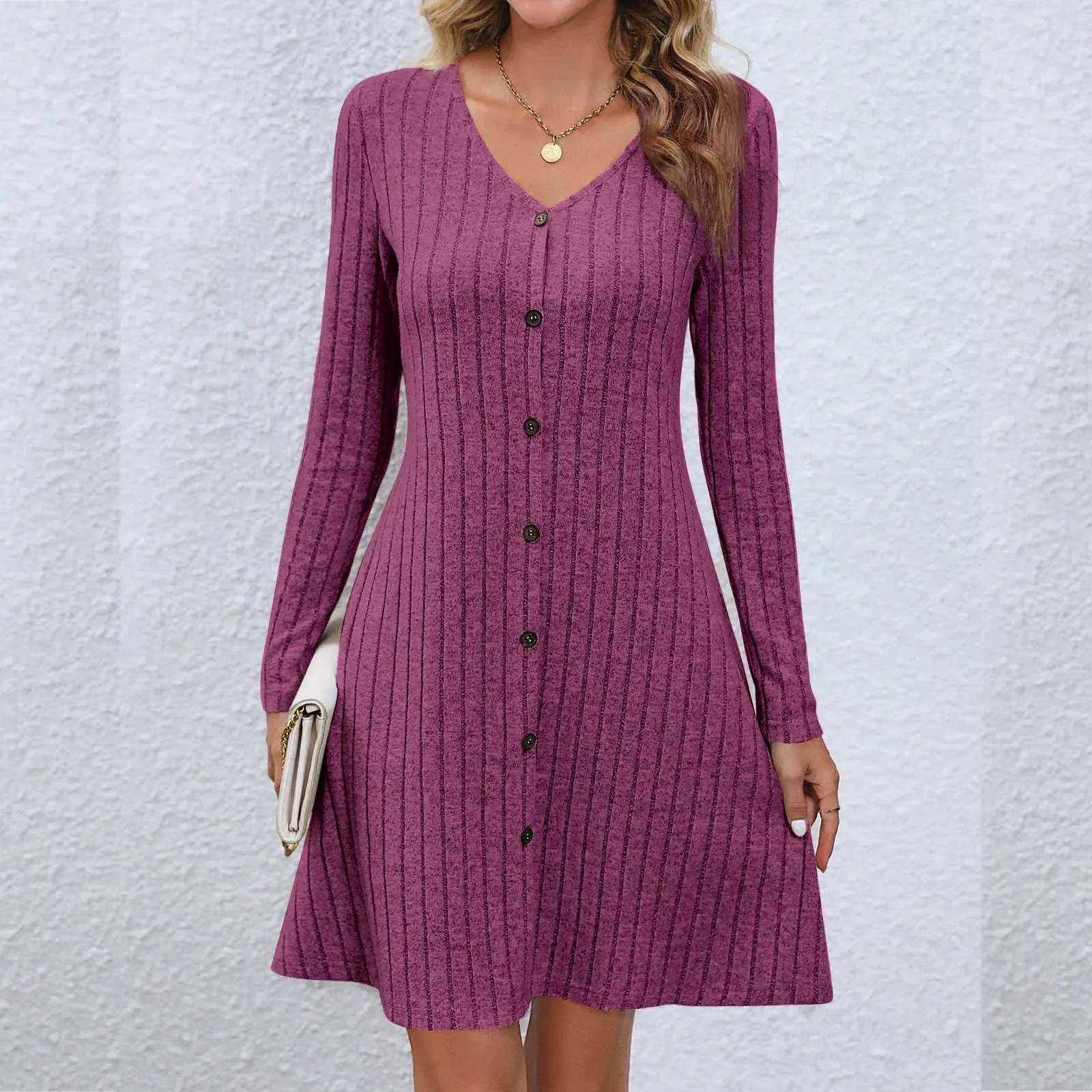 Chic V-Neck Buttoned Waist Long Sleeve Solid Color Midi Dress