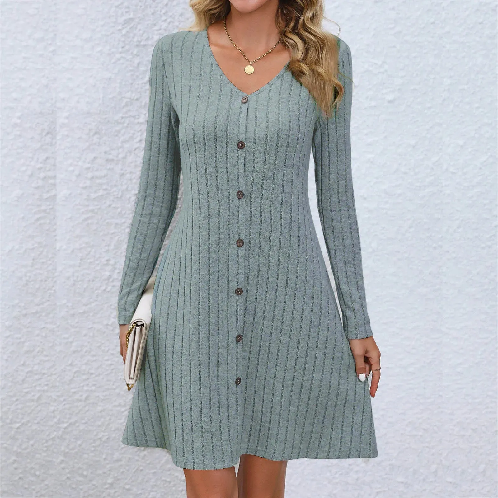 Chic V-Neck Buttoned Waist Long Sleeve Solid Color Midi Dress