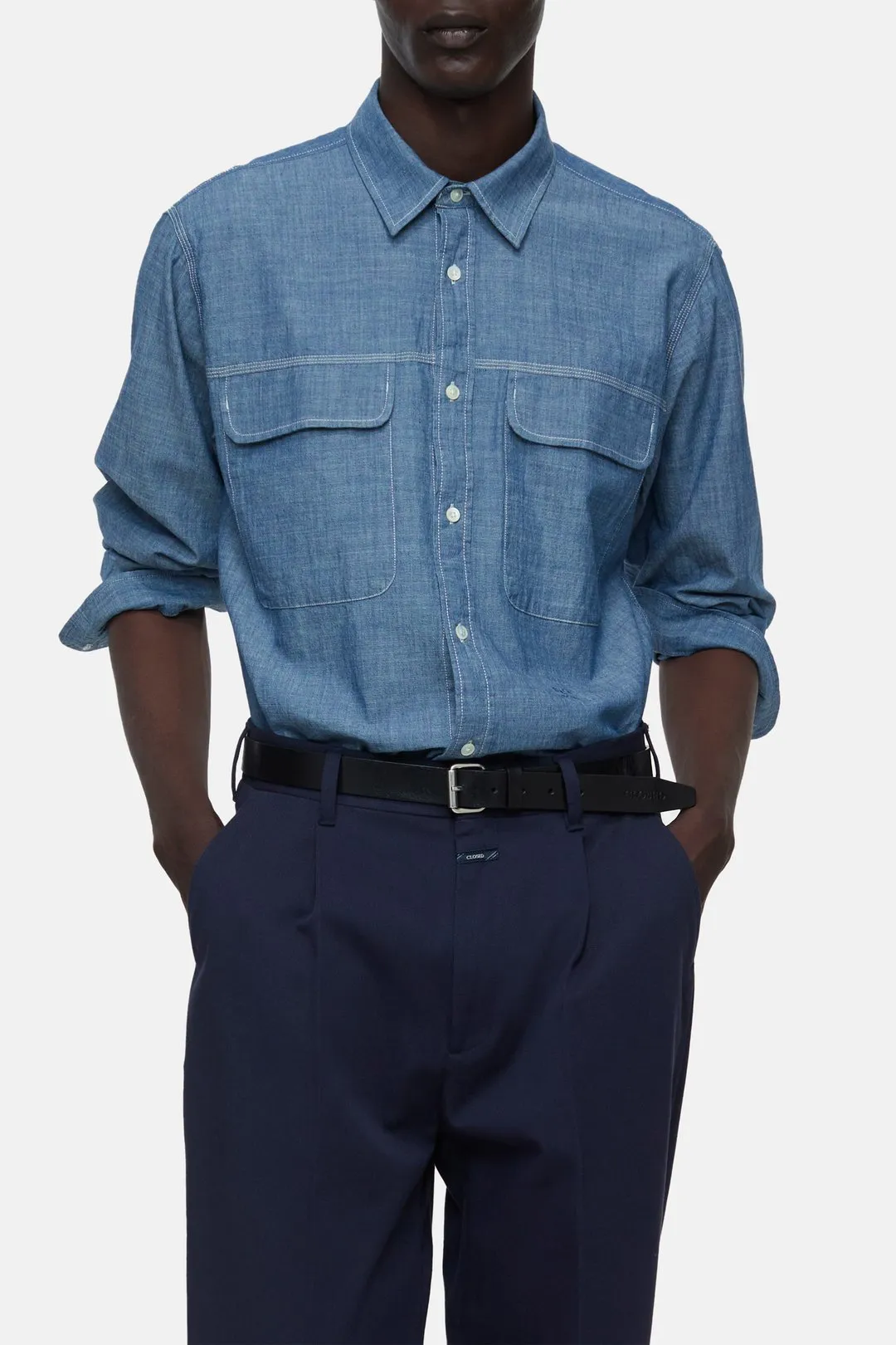 Closed Blue Chambray Military Shirt