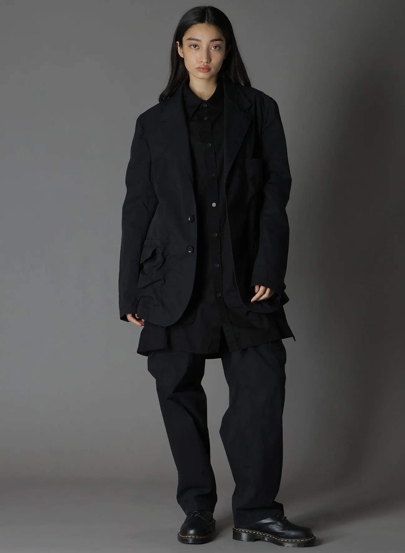 COTTON/NYLON OXFORD LONG JACKET WITH FULLED WOOL GAUZE POCKETS