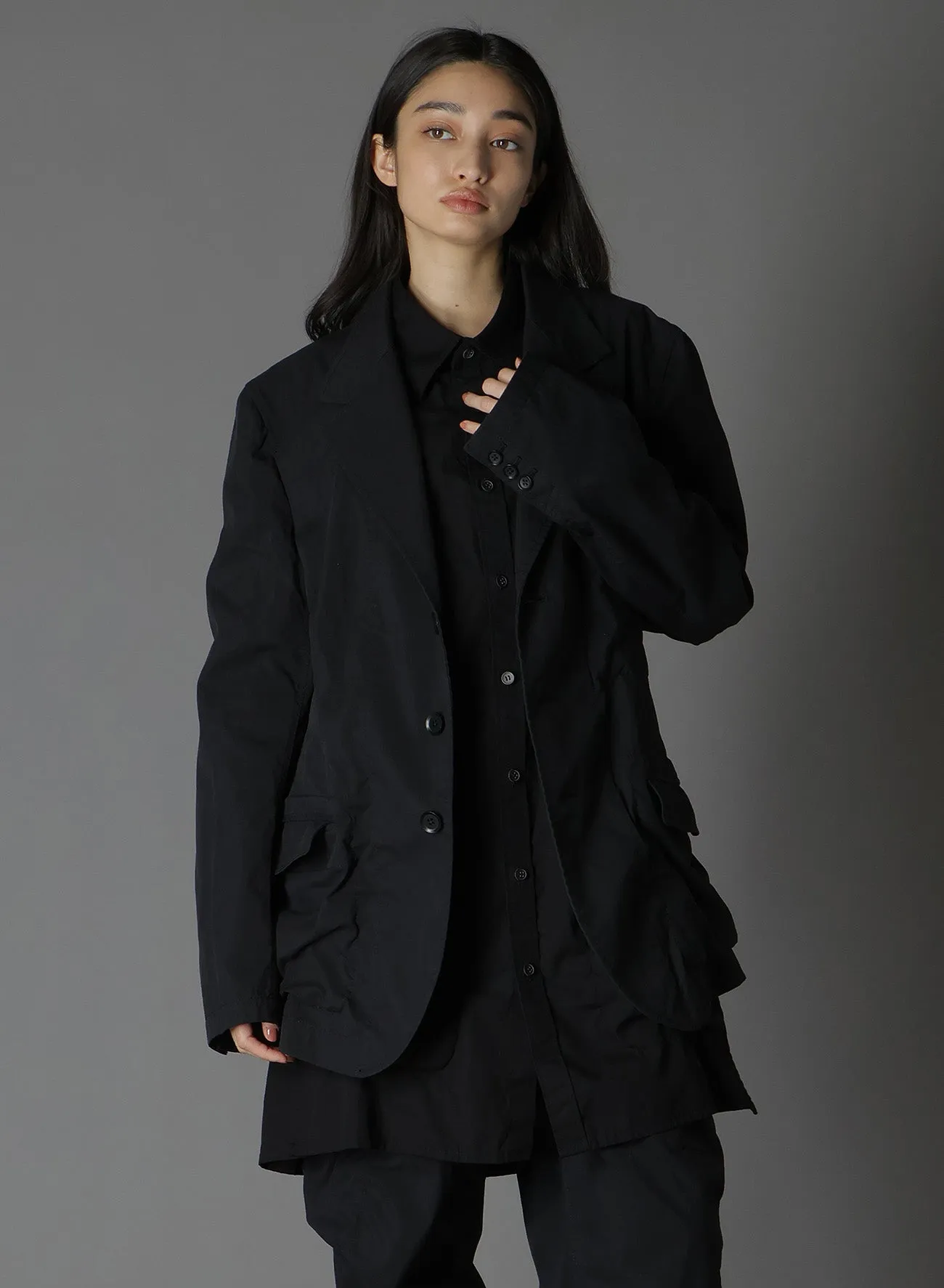 COTTON/NYLON OXFORD LONG JACKET WITH FULLED WOOL GAUZE POCKETS