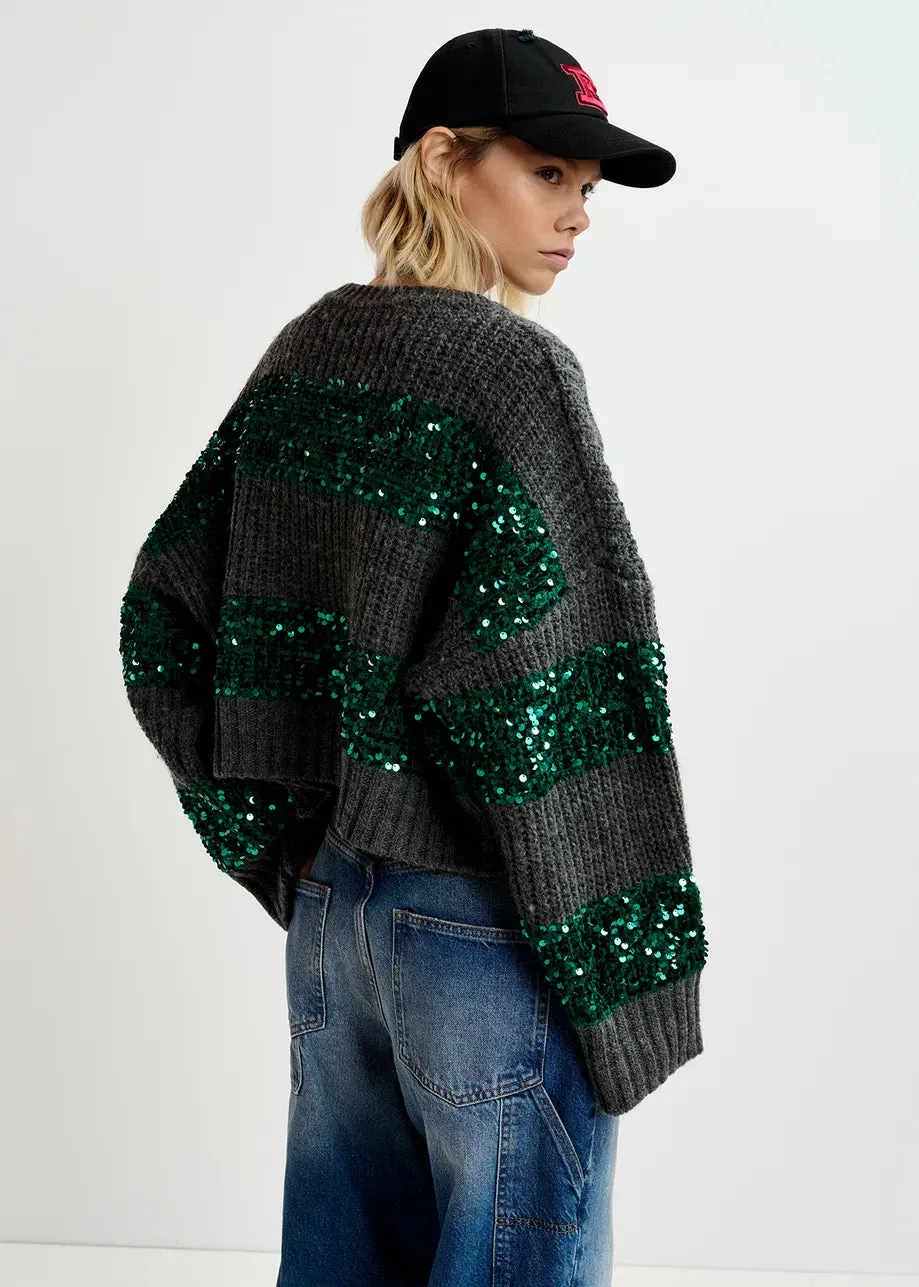 Dark grey and dark green knit sweater with sequin-embellished stripes