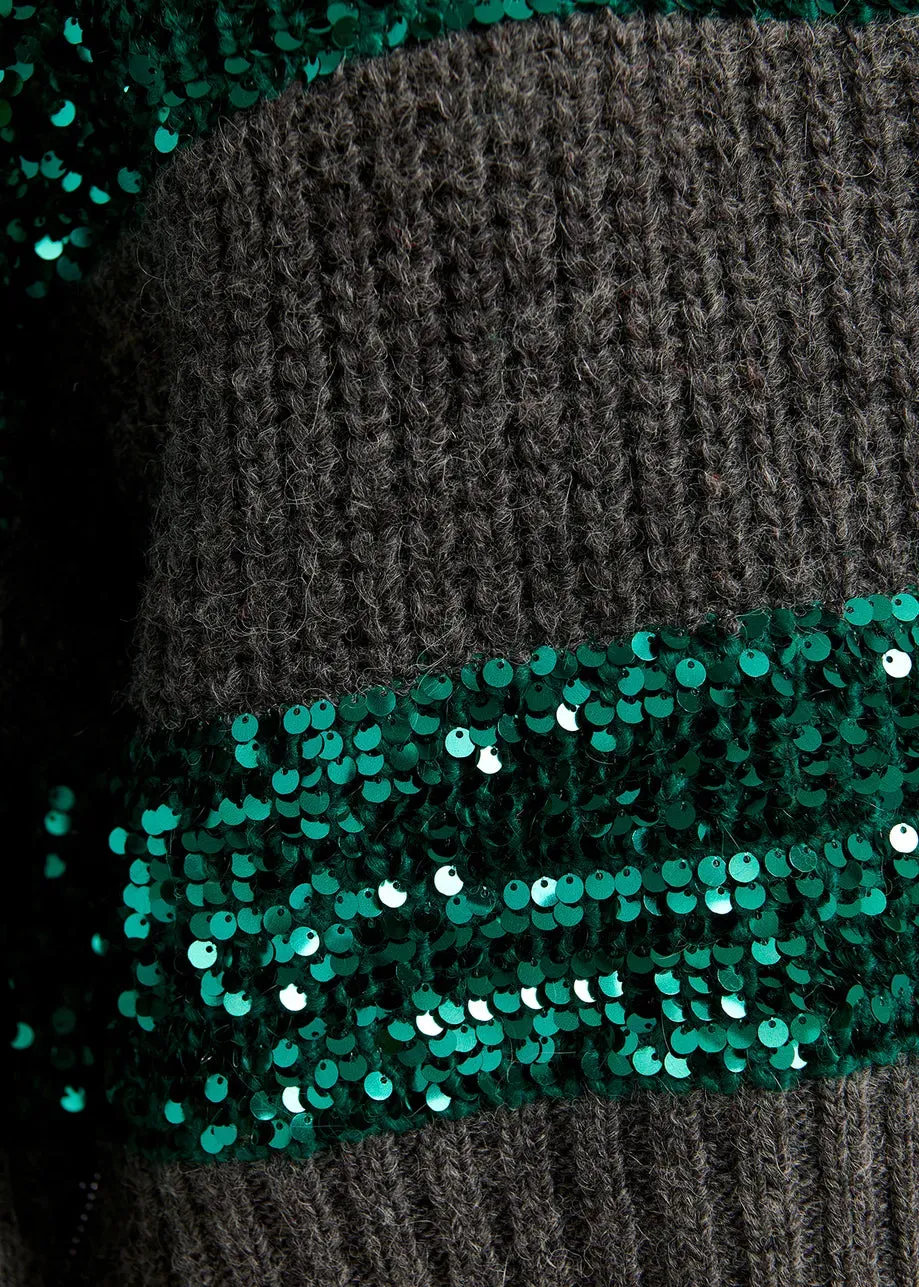 Dark grey and dark green knit sweater with sequin-embellished stripes