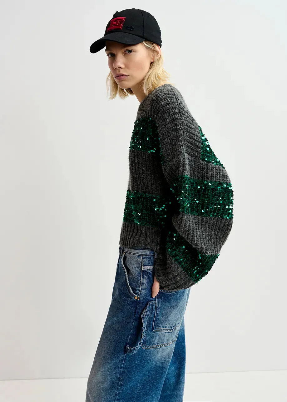 Dark grey and dark green knit sweater with sequin-embellished stripes