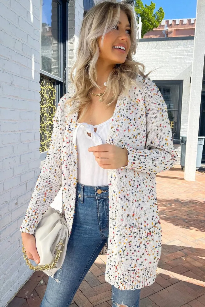 Dotted Multicolor Cream Knit Long Sleeve Cardigan