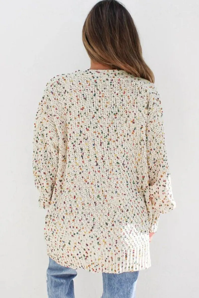 Dotted Multicolor Cream Knit Long Sleeve Cardigan