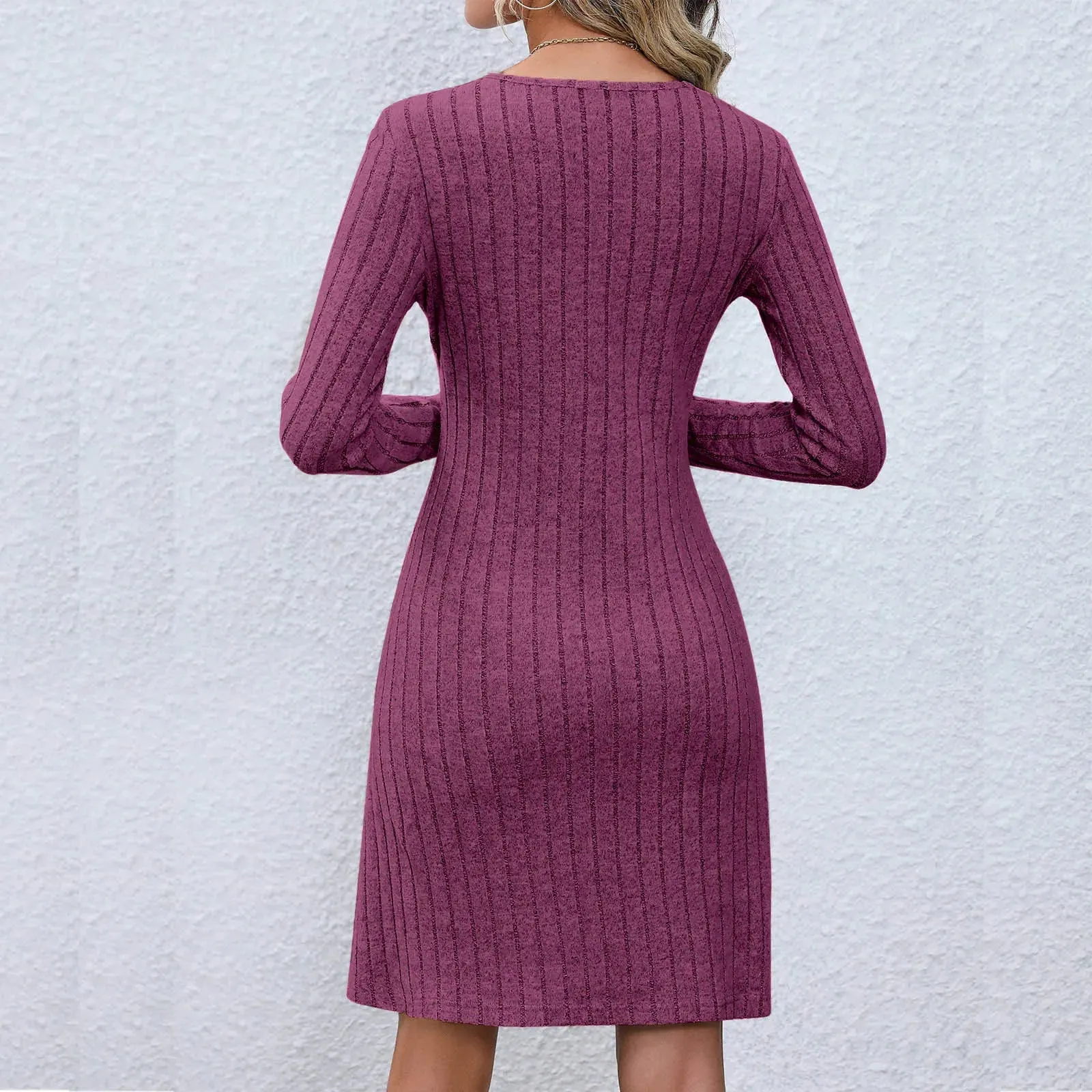 DressBetty - 2024 Chic V-Neck Buttoned Waist Long Sleeve Solid Color Midi Dress