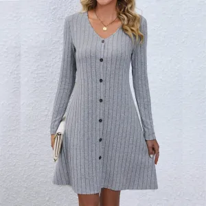 DressBetty - 2024 Chic V-Neck Buttoned Waist Long Sleeve Solid Color Midi Dress