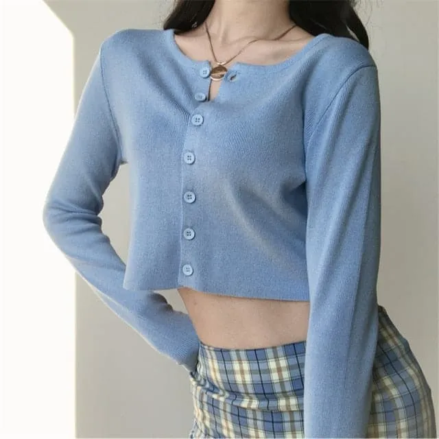 DressBetty - Korean Style O-neck Short Knitted Sweaters Women Thin Cardigan Fashion Sleeve Sun Protection Crop Top