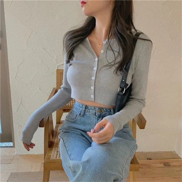 DressBetty - Korean Style O-neck Short Knitted Sweaters Women Thin Cardigan Fashion Sleeve Sun Protection Crop Top