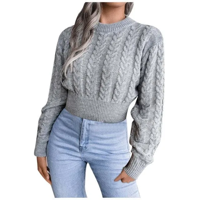 DressBetty - Sweaters Women Jacquard Knitted Casual O-neck Long Sleeve Cow Print Short Sweater Pullover Winter Clothes