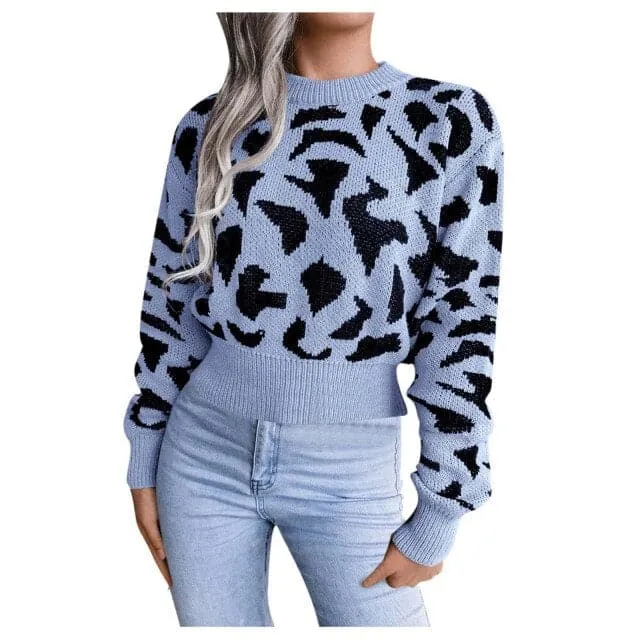 DressBetty - Sweaters Women Jacquard Knitted Casual O-neck Long Sleeve Cow Print Short Sweater Pullover Winter Clothes