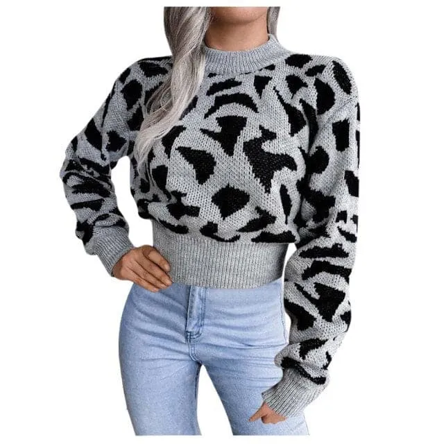 DressBetty - Sweaters Women Jacquard Knitted Casual O-neck Long Sleeve Cow Print Short Sweater Pullover Winter Clothes