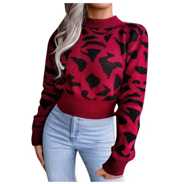 DressBetty - Sweaters Women Jacquard Knitted Casual O-neck Long Sleeve Cow Print Short Sweater Pullover Winter Clothes