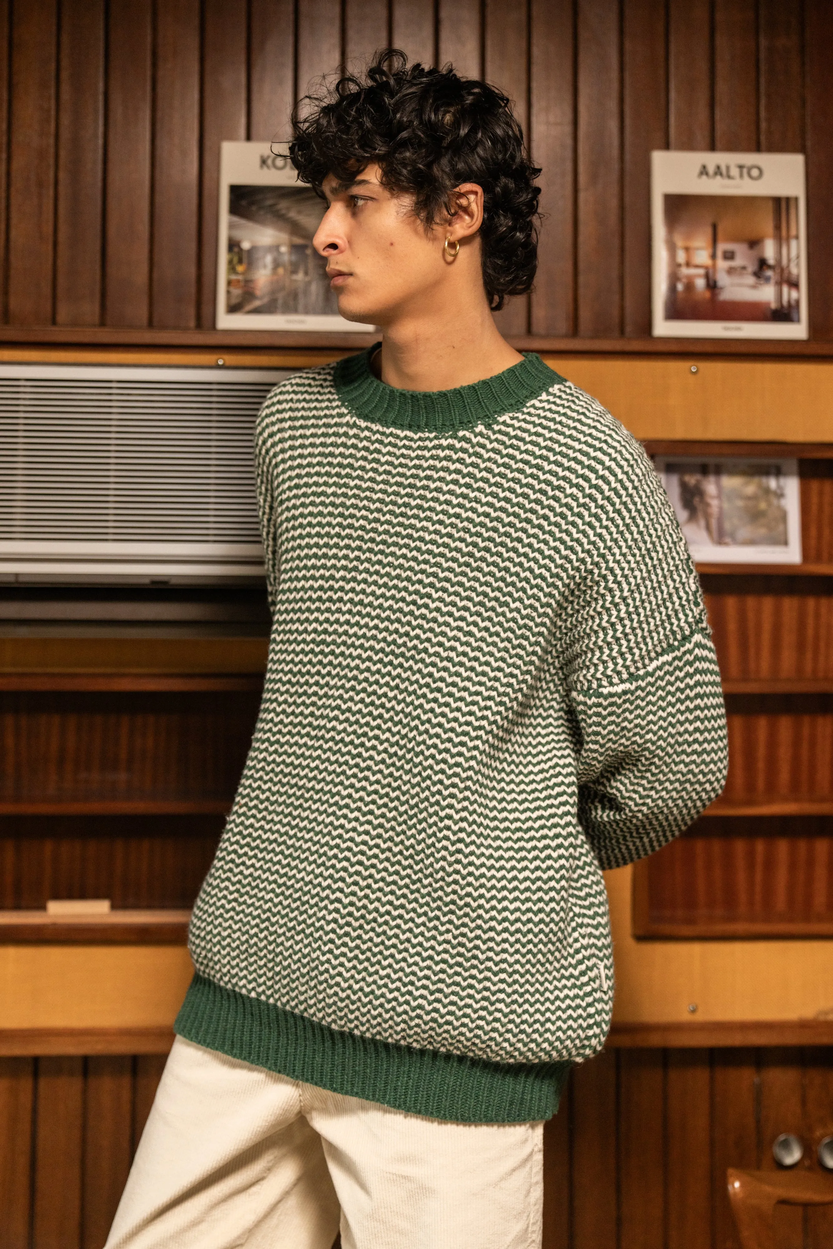 GREEN STRIPE CHUNKY KNIT RIB OVERSIZED SWEATER