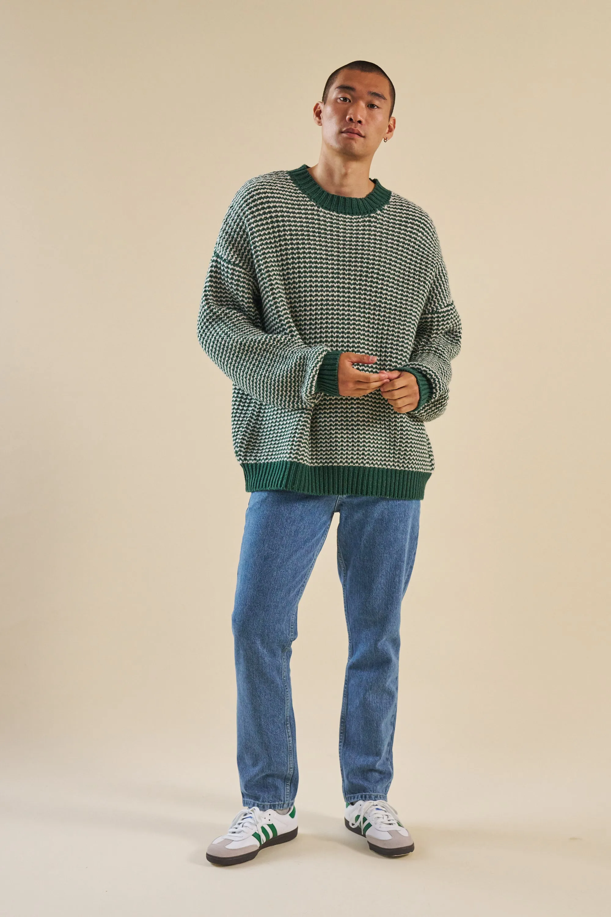 GREEN STRIPE CHUNKY KNIT RIB OVERSIZED SWEATER