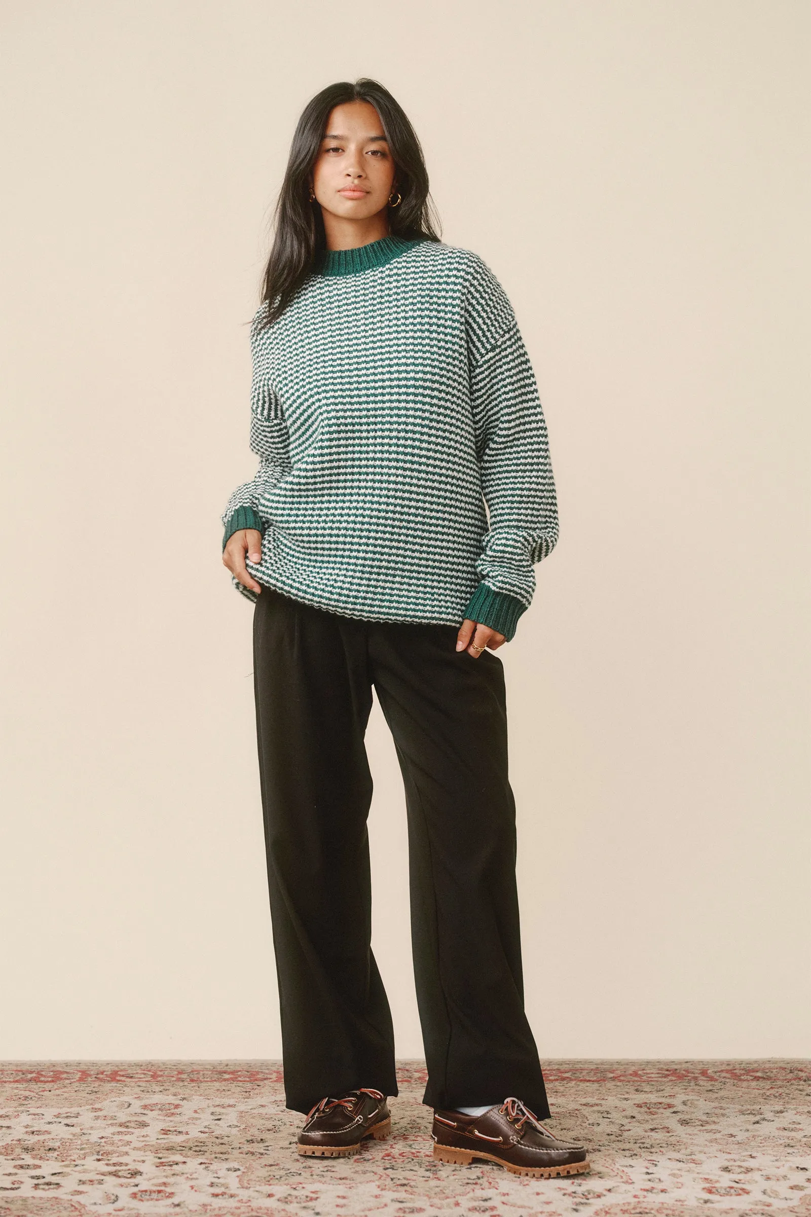 GREEN STRIPE CHUNKY KNIT RIB OVERSIZED SWEATER