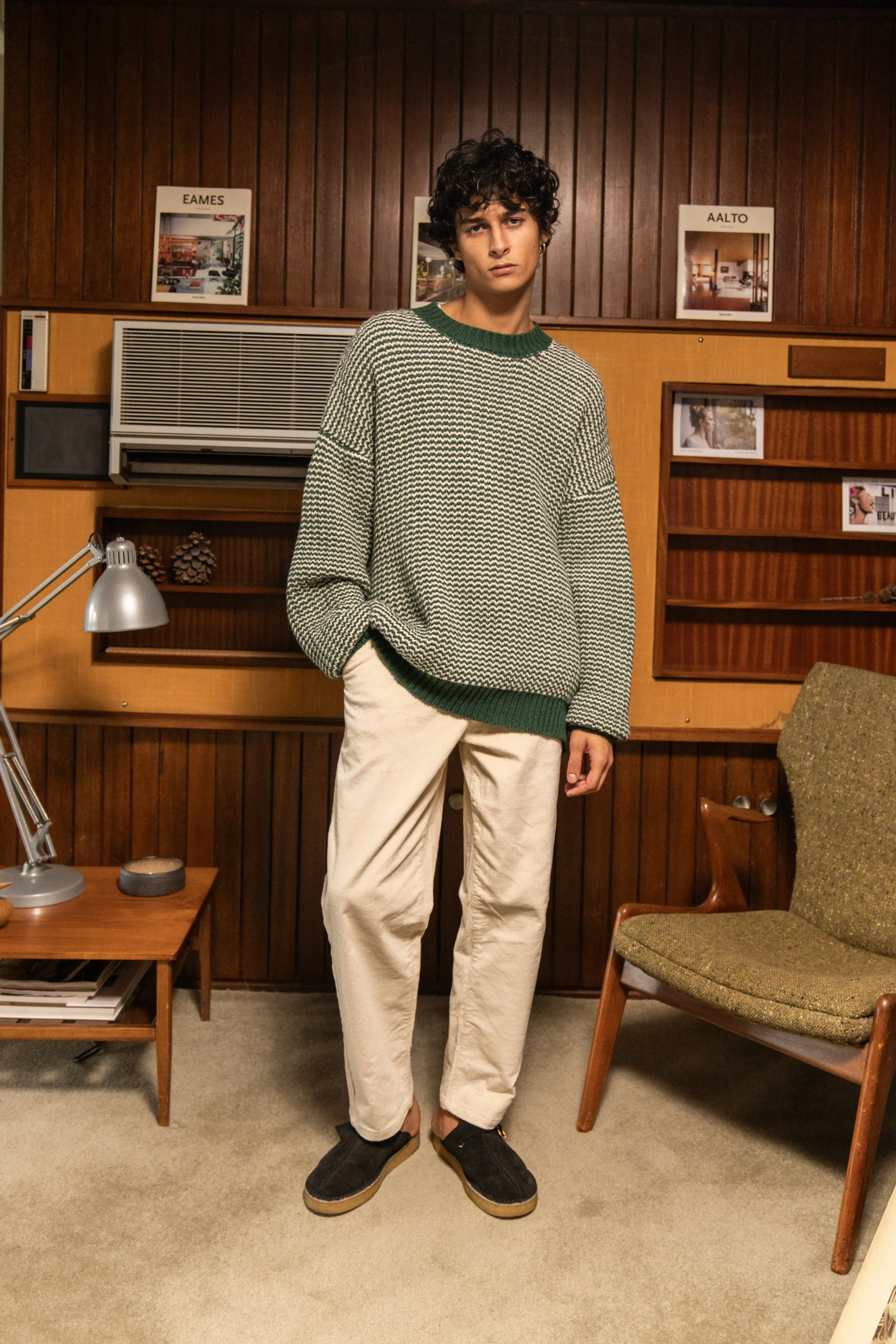 GREEN STRIPE CHUNKY KNIT RIB OVERSIZED SWEATER