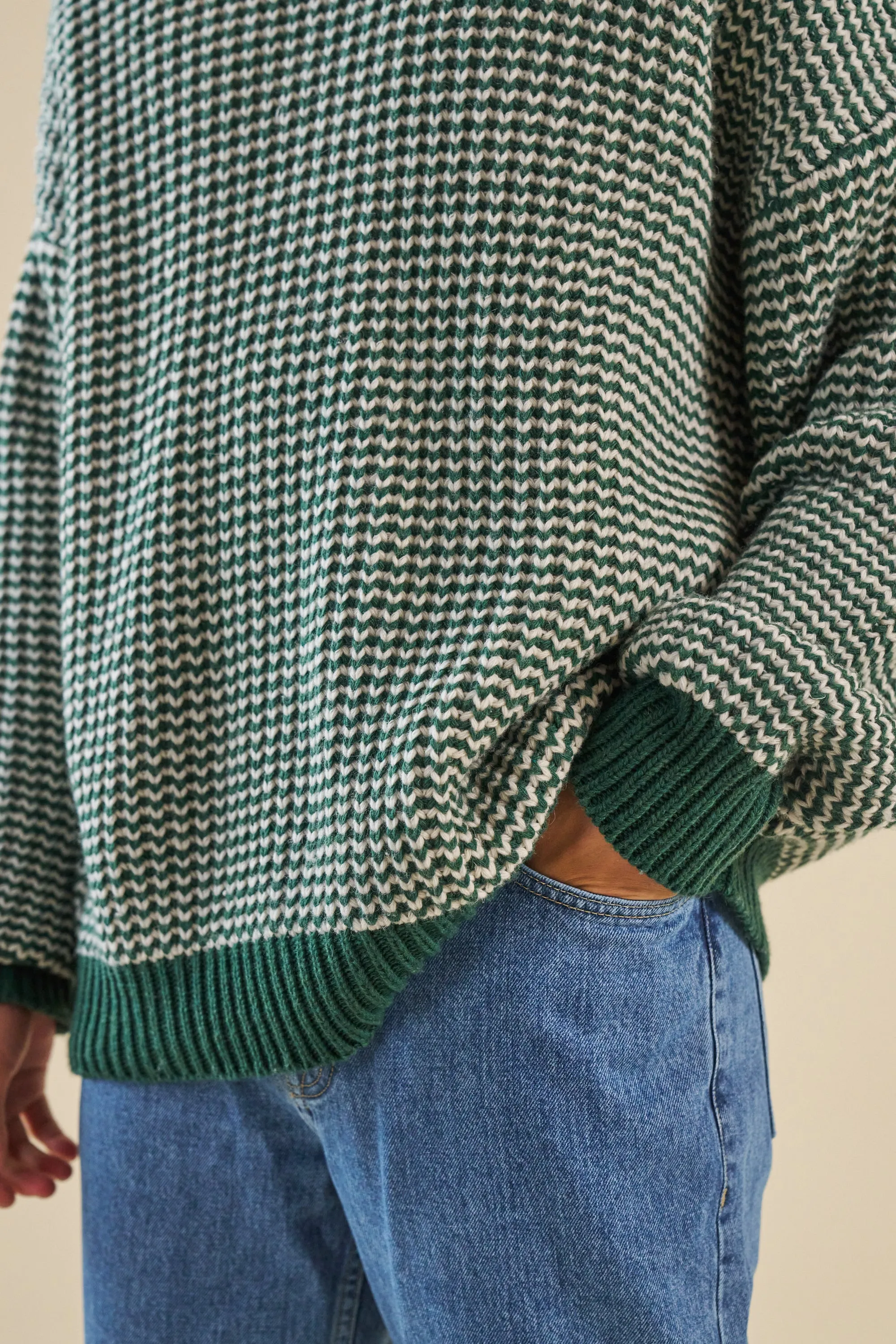 GREEN STRIPE CHUNKY KNIT RIB OVERSIZED SWEATER