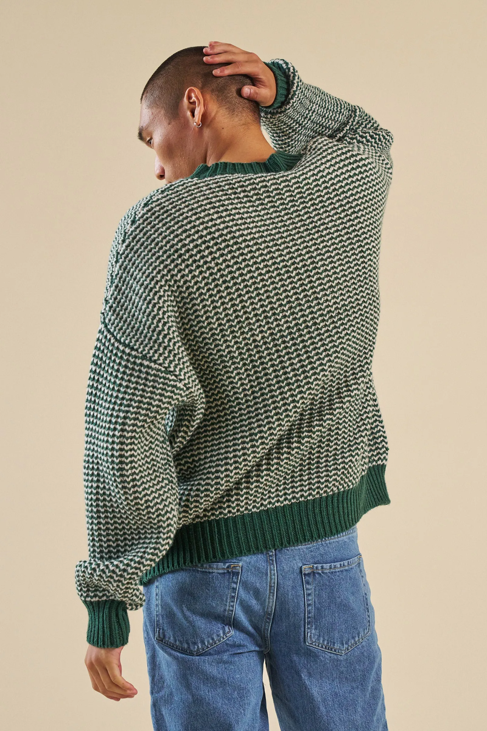 GREEN STRIPE CHUNKY KNIT RIB OVERSIZED SWEATER