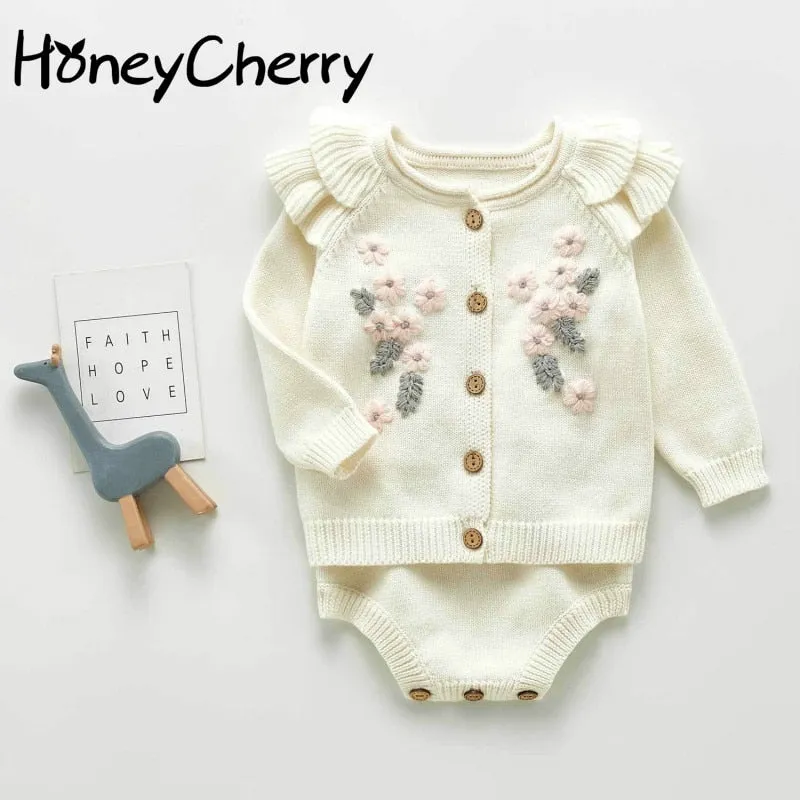 HoneyCherry Baby Girls Sweaters Flower Coat Strap Romper Crawling Clothes Kids Sweater Cardigan