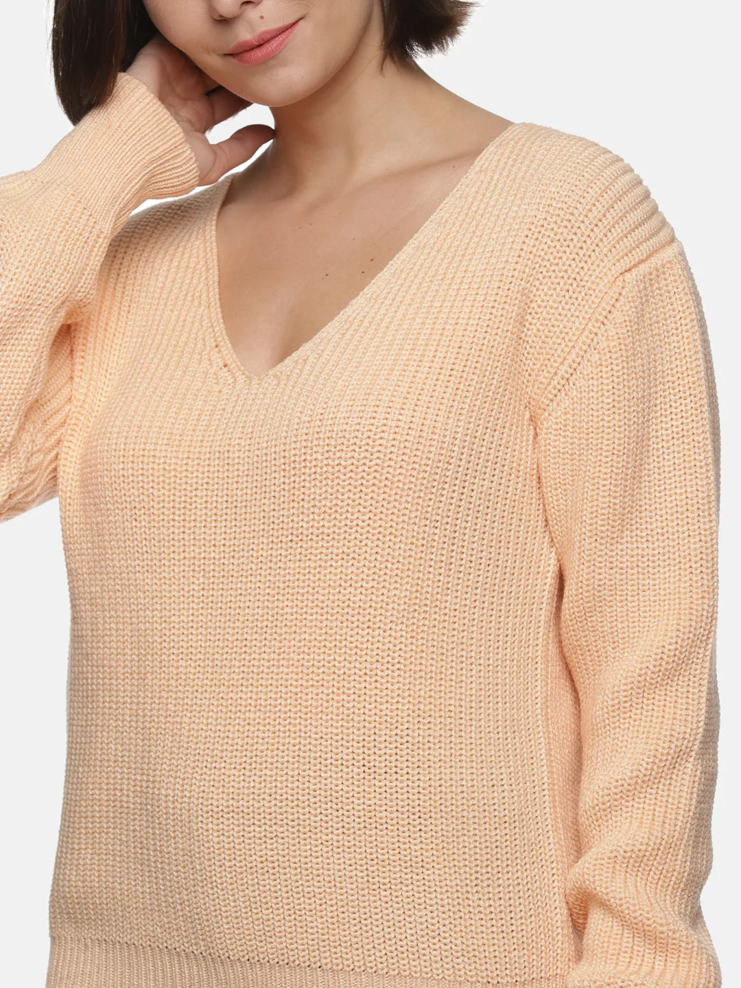 IS.U Light Orange Knitted V- neck Sweater