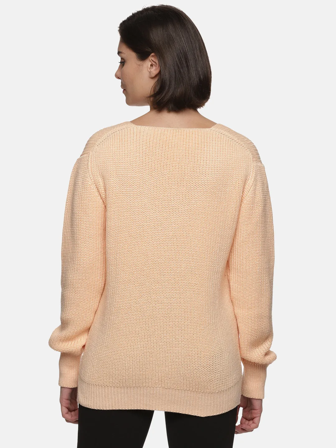 IS.U Light Orange Knitted V- neck Sweater