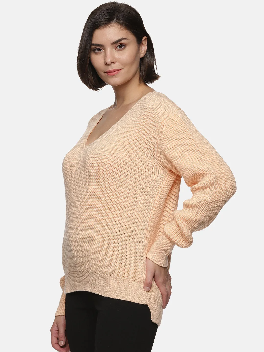 IS.U Light Orange Knitted V- neck Sweater