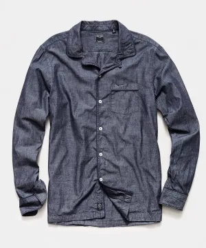 Japanese Tipped Navy Chambray Camp Collar Shirt in Indigo