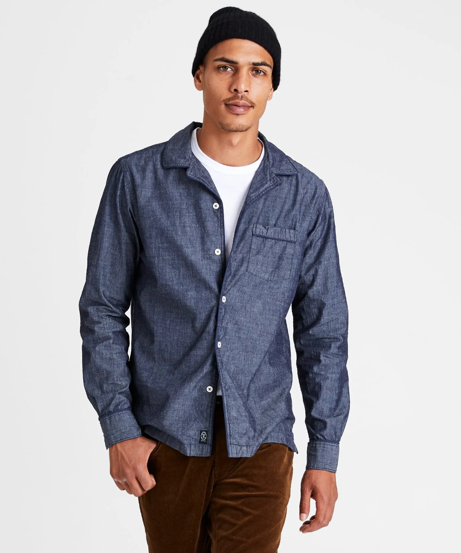 Japanese Tipped Navy Chambray Camp Collar Shirt in Indigo