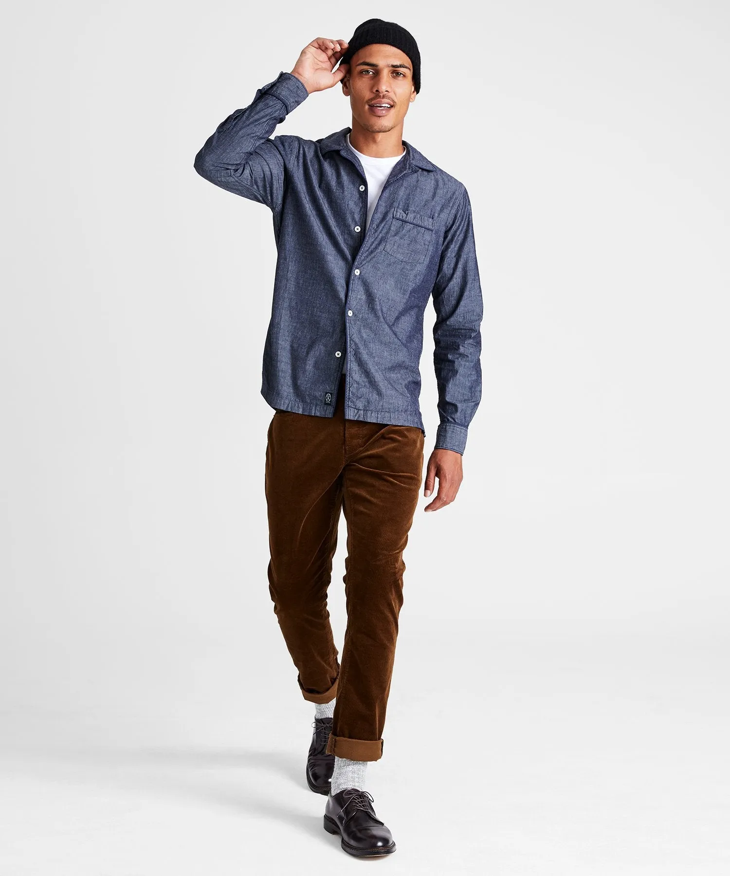 Japanese Tipped Navy Chambray Camp Collar Shirt in Indigo