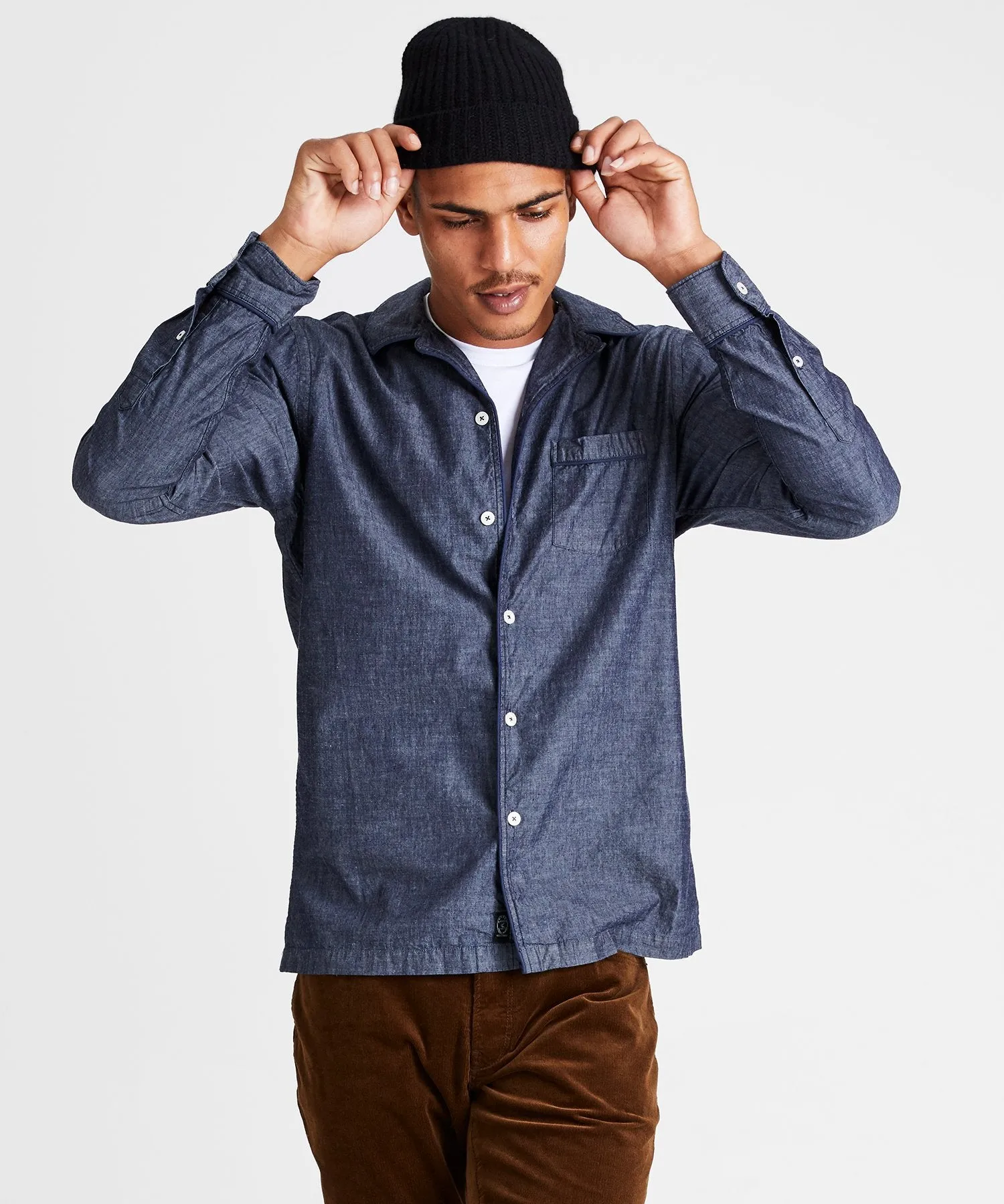 Japanese Tipped Navy Chambray Camp Collar Shirt in Indigo