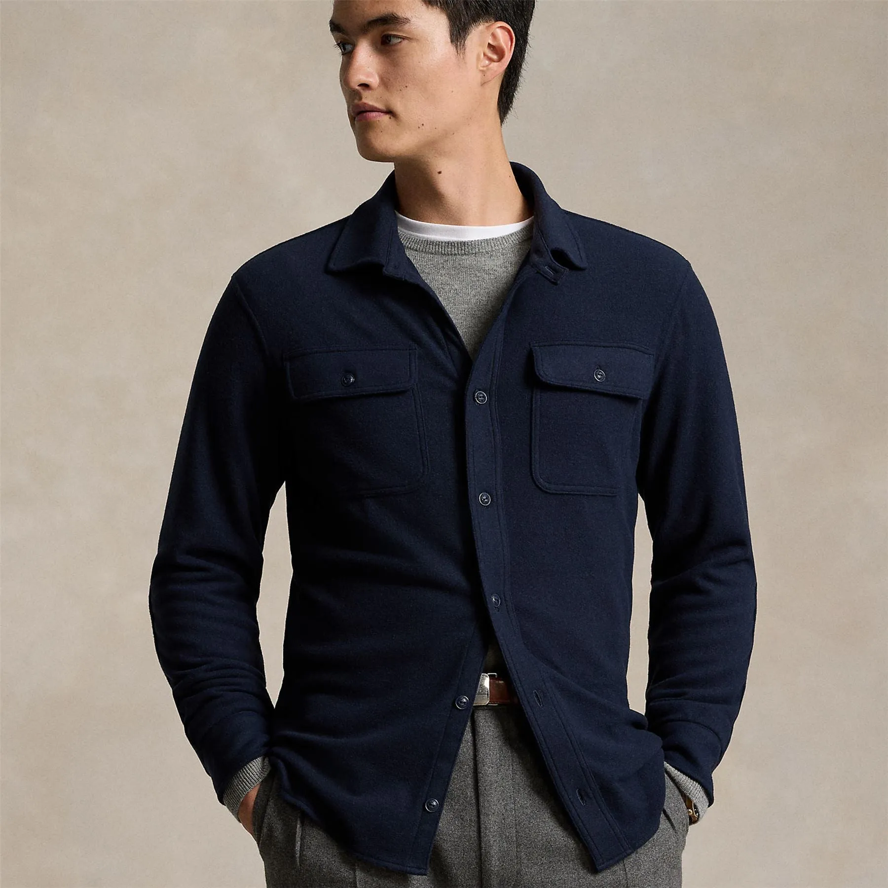 Knit Flannel Full Button Shirt Navy - AW24