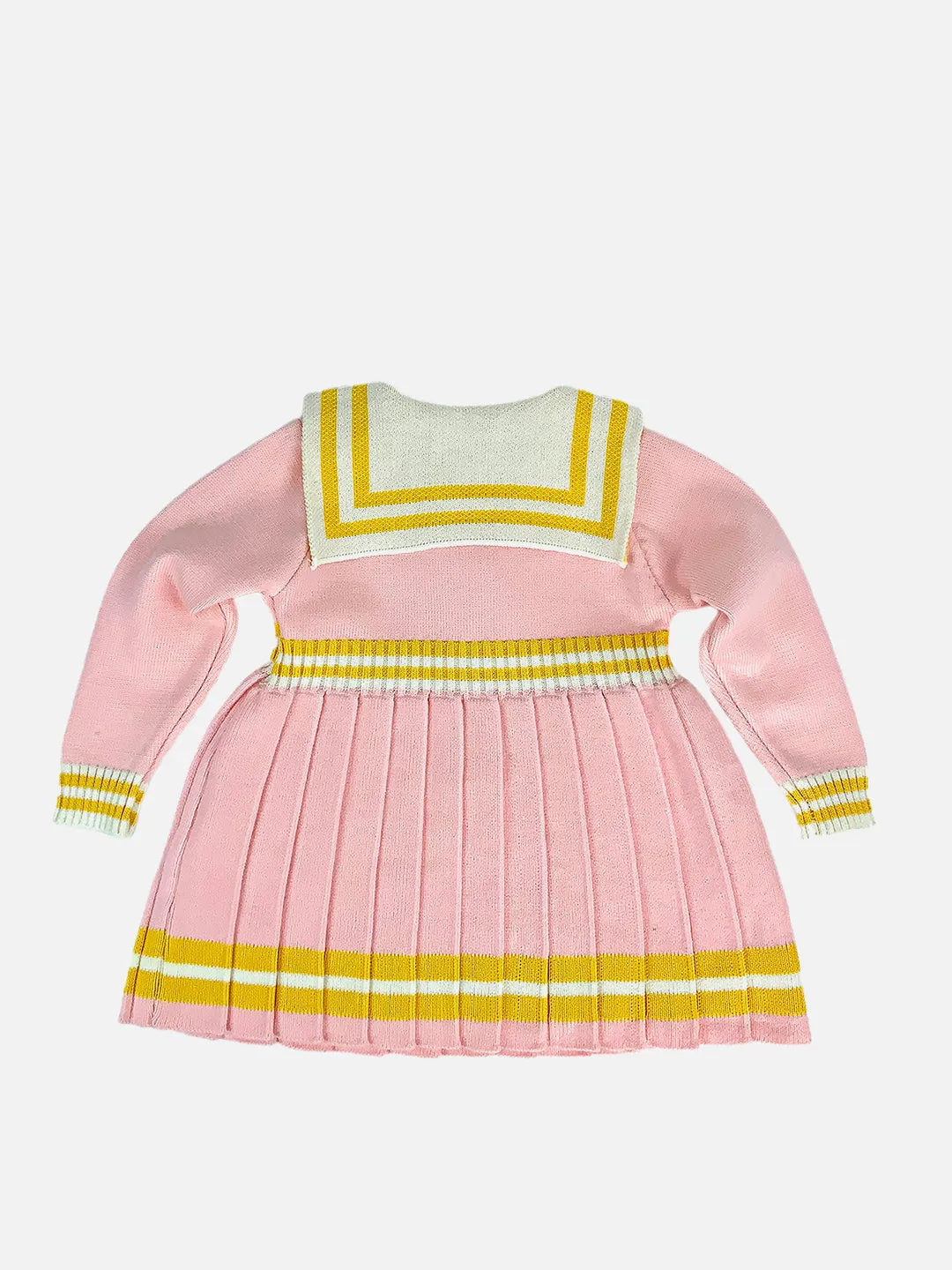 Little Surprise Box Pink & Mustard Big Bow & Stripes Sailor neck Winterwear Frock for girls