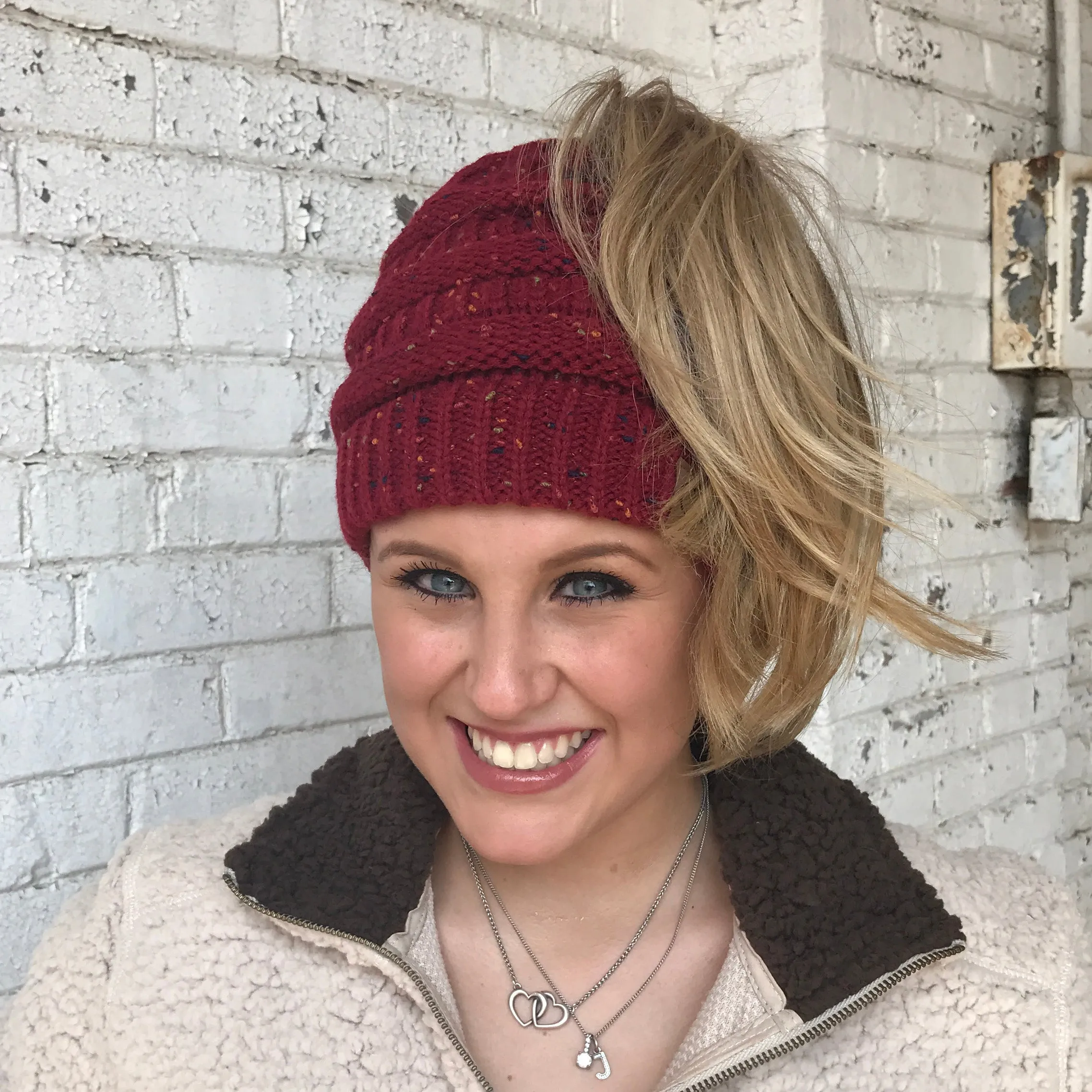 MB-33 MESSY BUN SPECKLED BEANIE BURGUNDY