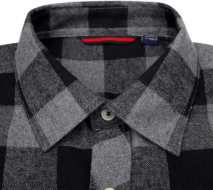 Men's Button Down Regular Fit Long Sleeve Plaid Flannel Casual Shirts Black/Grey