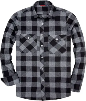 Men's Button Down Regular Fit Long Sleeve Plaid Flannel Casual Shirts Black/Grey