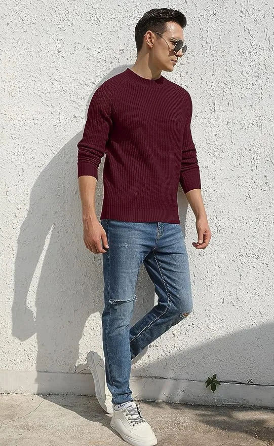 Men's Crewneck Casual Sweater Structured Knit Pullover - Red Wine