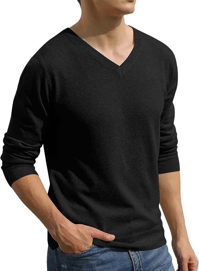 Men's V-Neck Casual Sweater Structured Knit Pullover - Black