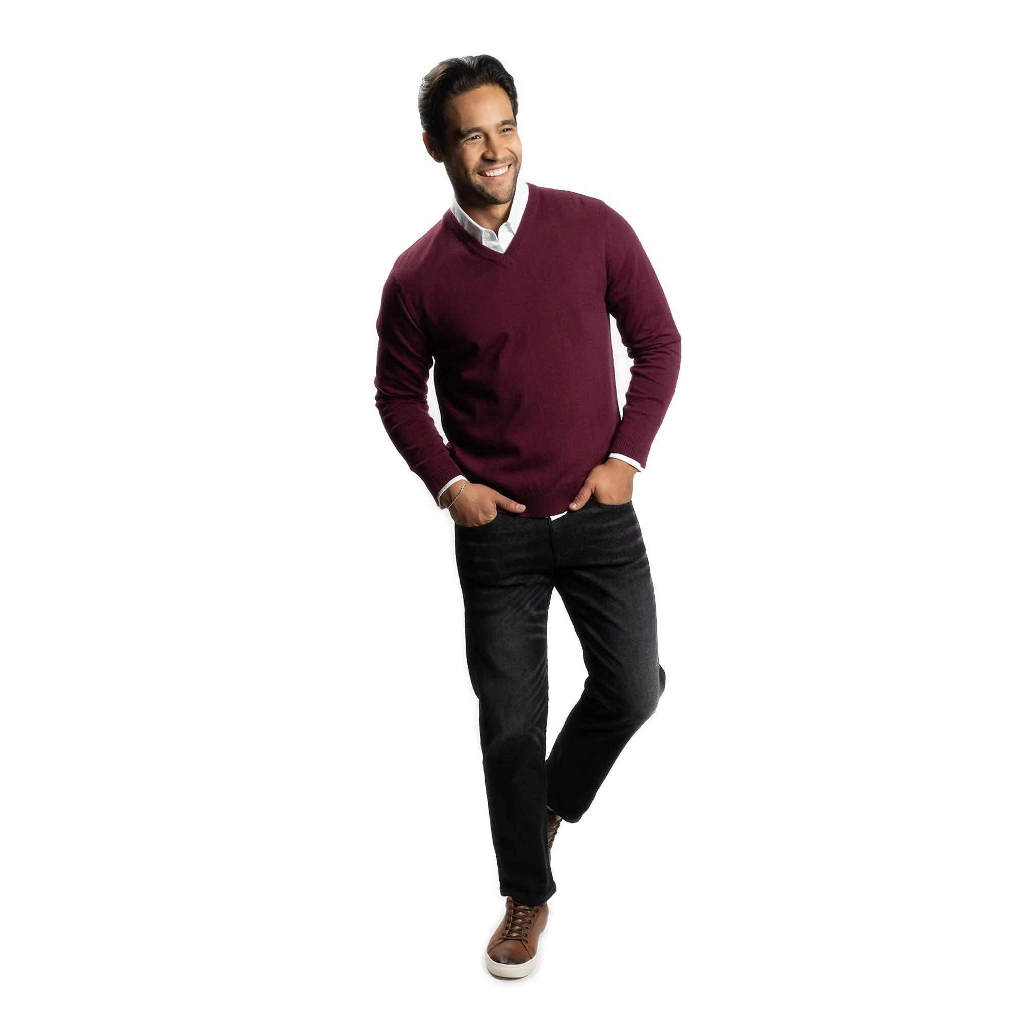 Merino Wool Sweaters V Neck - Burgundy